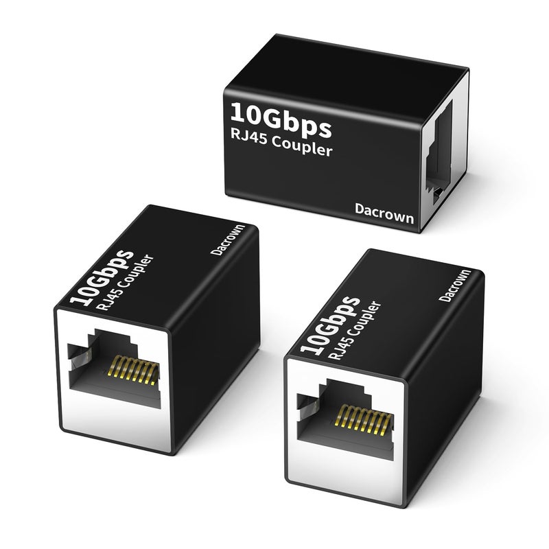 Dacrown RJ45 Ethernet Coupler 10Gbps, 3Pack Extender Adapter for Cat8 Cat7 Cat6 Cat5 Cat5e Ethernet Cable, 328ft Long Distance High Speed Connector, Female to Female Aluminum Alloy Black - Image 1